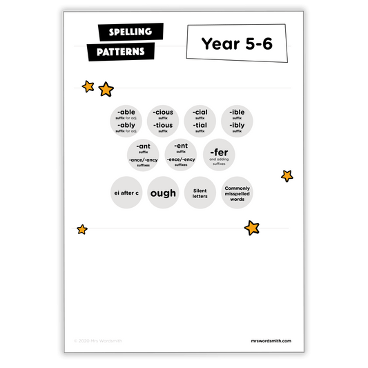 Year 5-6 spelling patterns worksheet with mixed suffixes and rules