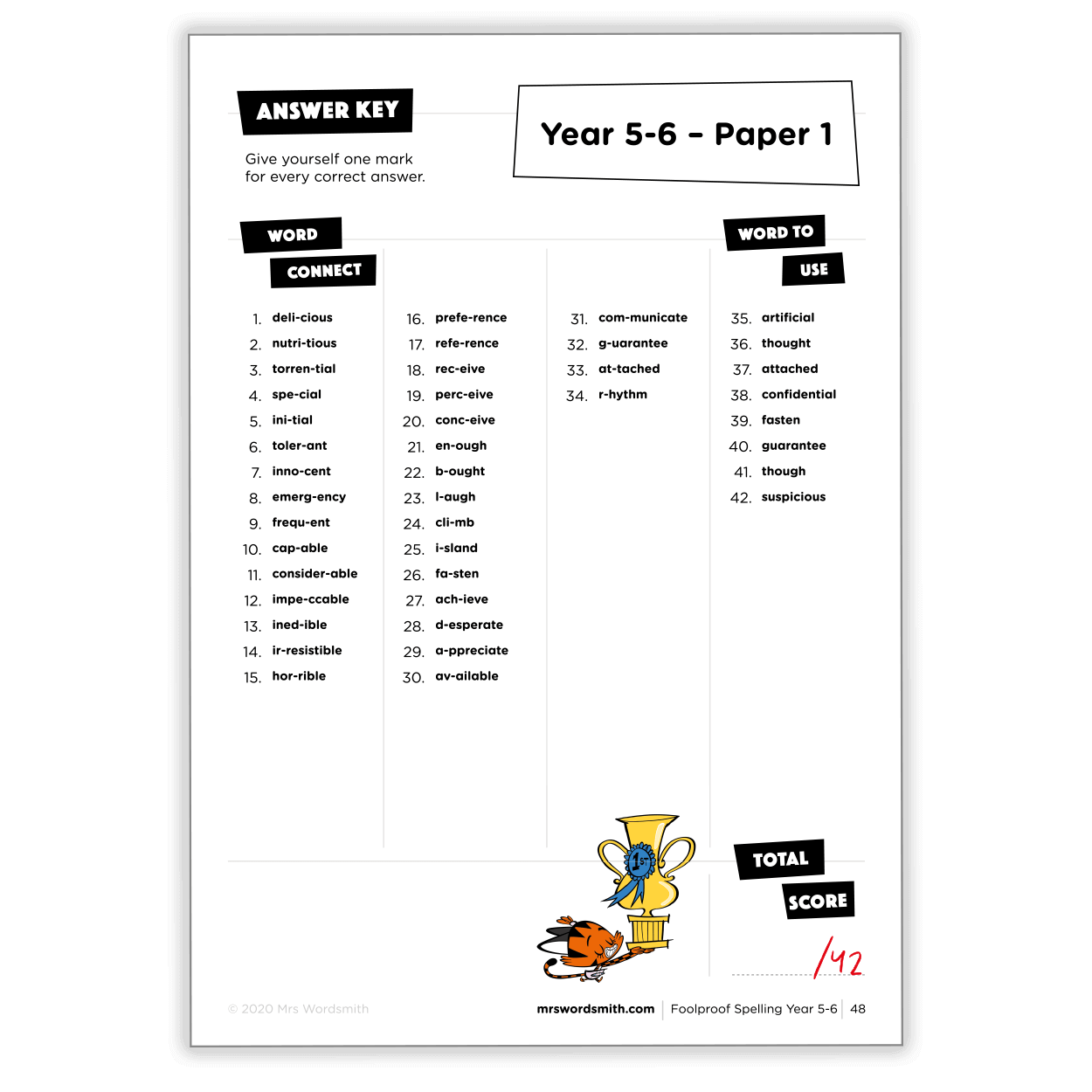 Year 5-6 Spelling Test Paper 1 Answer Key - Carousel 8