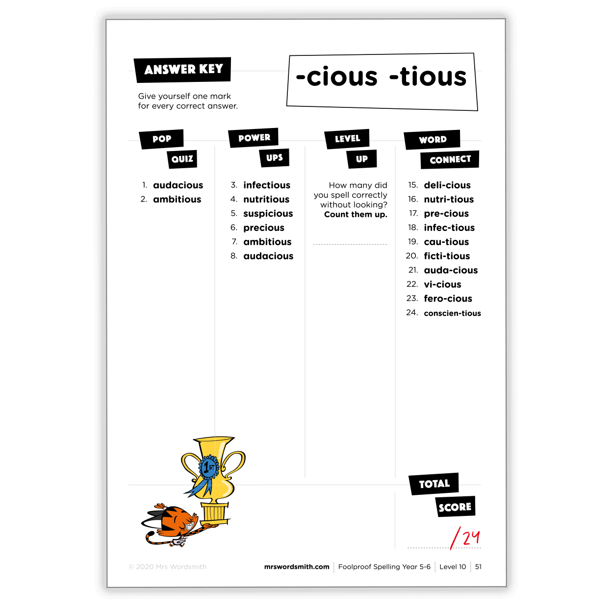 Spelling worksheet for Years 5-6 with -cious and -tious words.