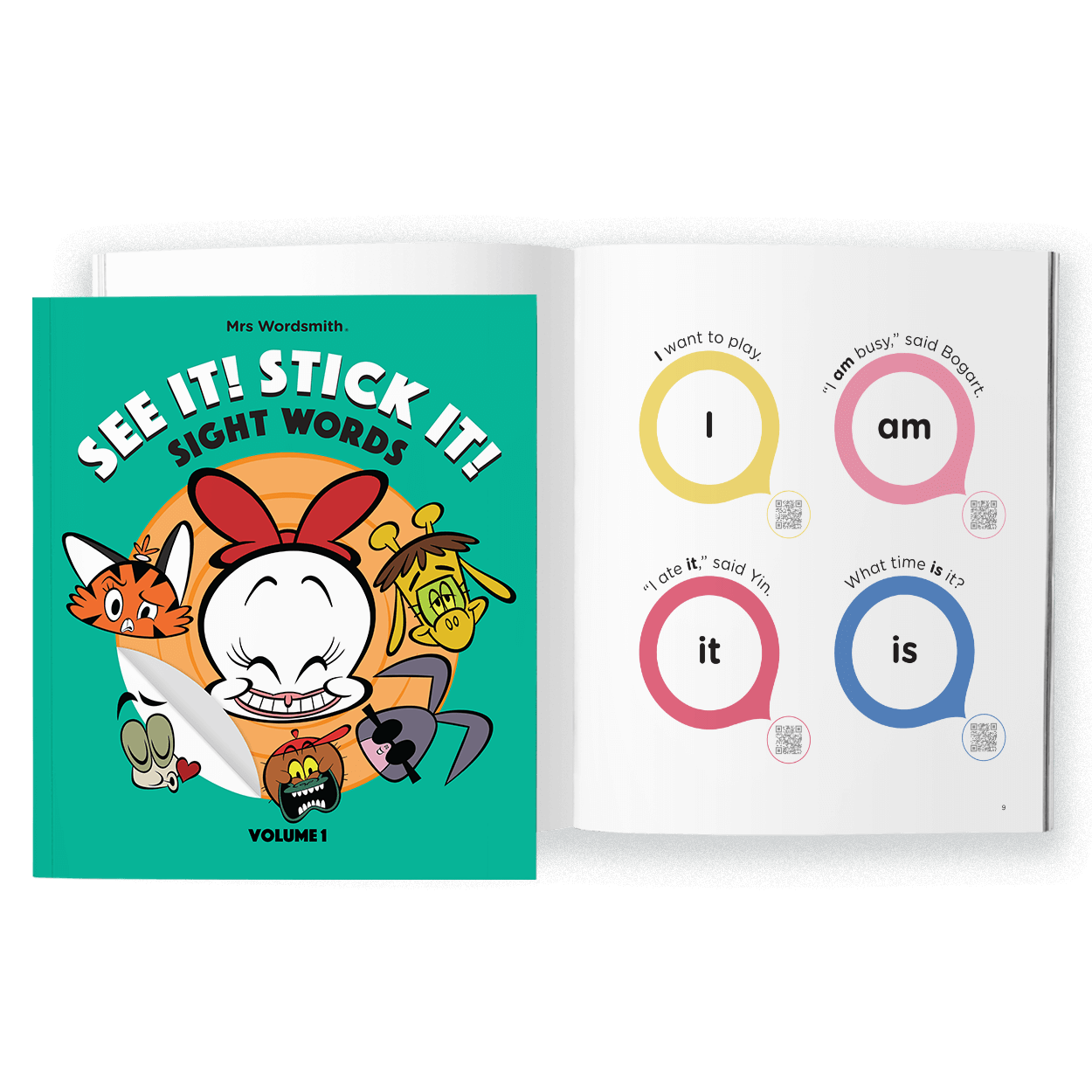 See It! Stick It! Sight Words book open to sample pages