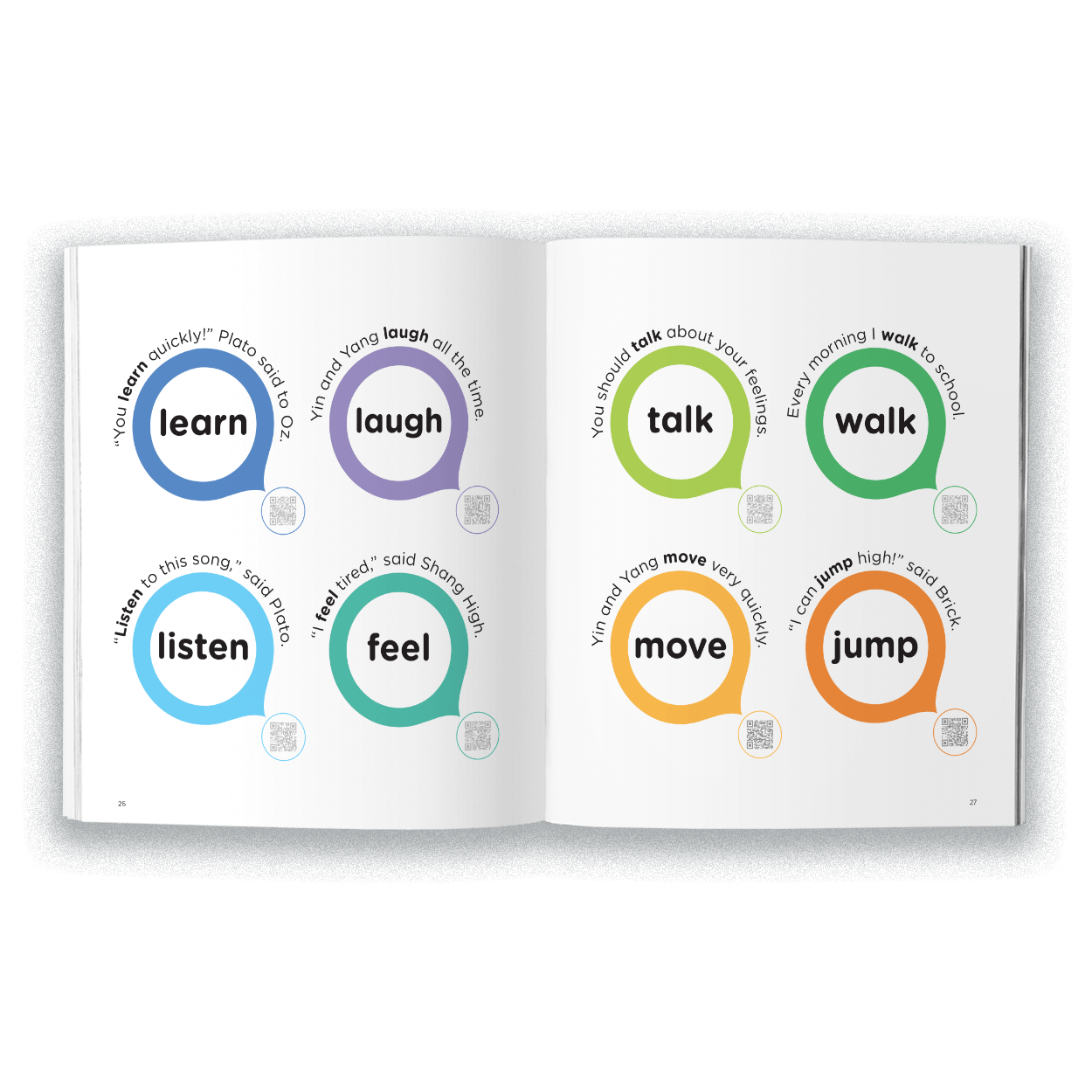Open book with learning words like learn, laugh, talk, walk, etc.