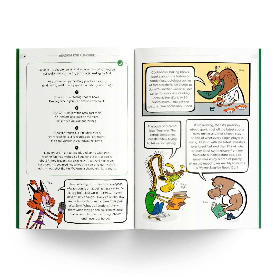 Year 4 Humungous Workbook page, reading tips and cartoons