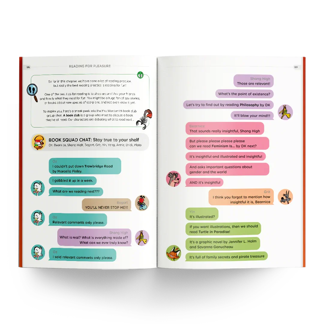 Open book pages with text bubbles