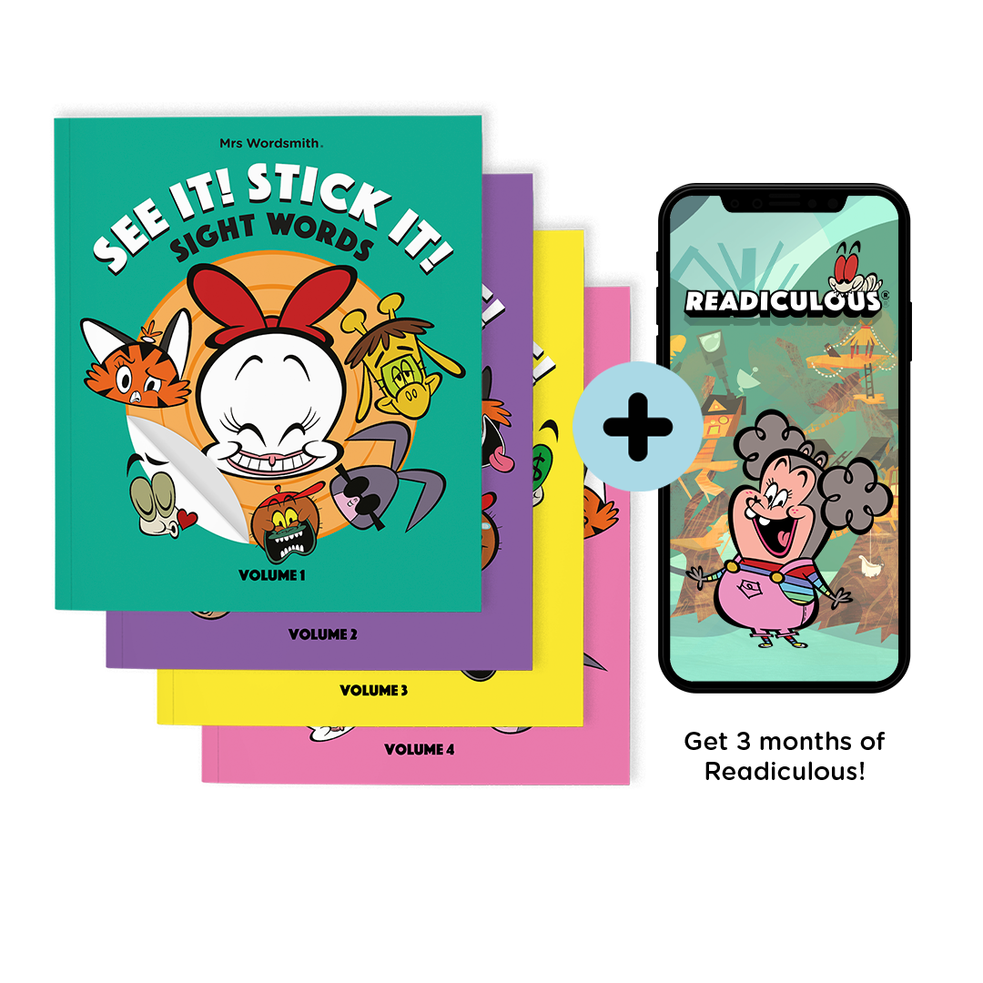 See It! Stick It! sight words books & Readiculous app mock-up