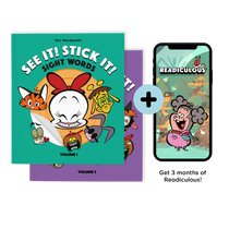 See It! Stick It! sight words book and Readiculous app mock-up.