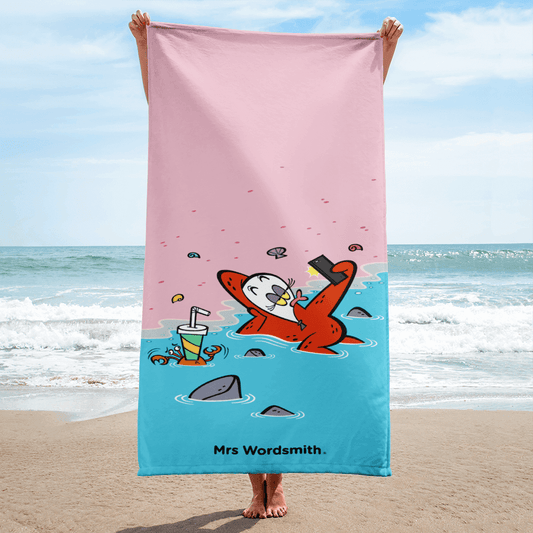 Beach towel with cartoon otter in water