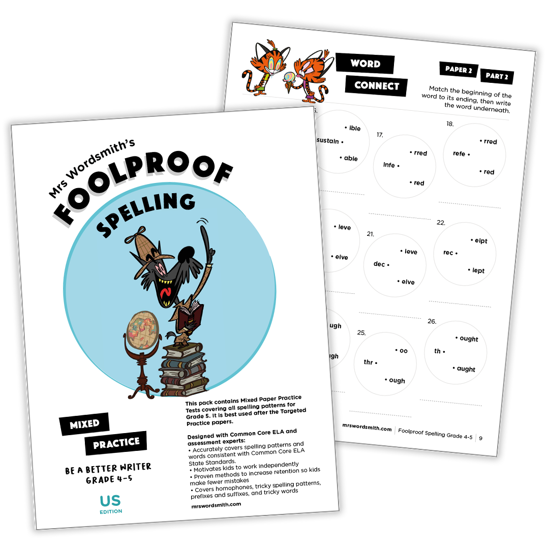 Grade 4-5 mixed spelling practice worksheets from Mrs. Wordsmith