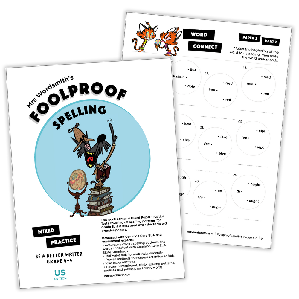 Grade 4-5 mixed spelling practice worksheets from Mrs. Wordsmith