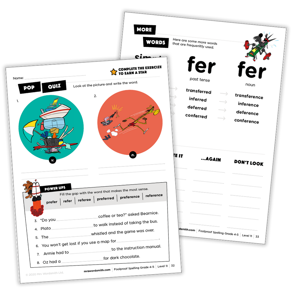 Spelling Grade 4-5 worksheet with fer words and fill-in-the-blank quiz.