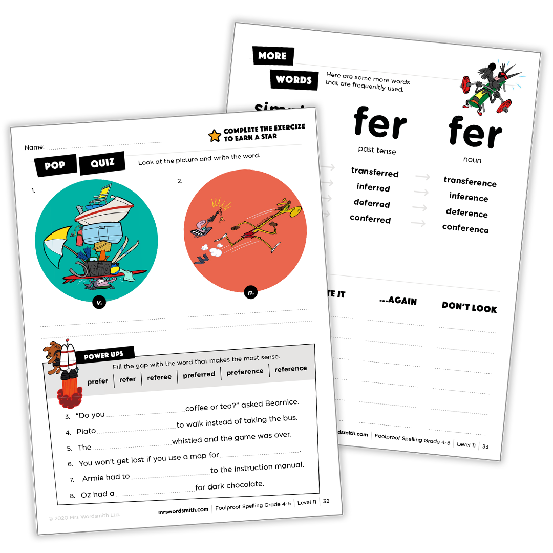 Spelling Grade 4-5 worksheet with fer words and fill-in-the-blank quiz.
