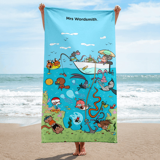 Under the Sea beach towel with cartoon sea creatures