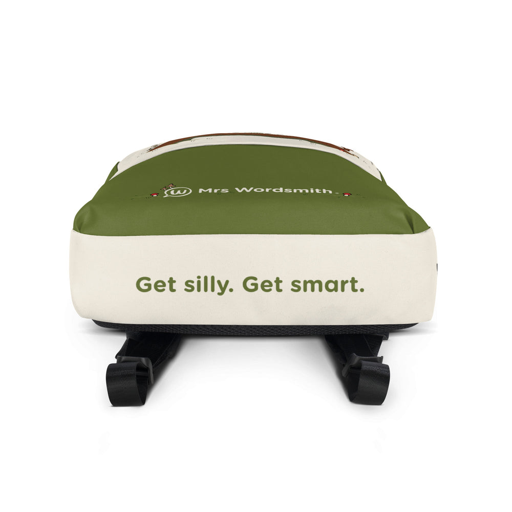 All-over print backpack with Get silly. Get smart. slogan.