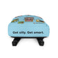 All-over print backpack with silly cartoon design and white bottom.