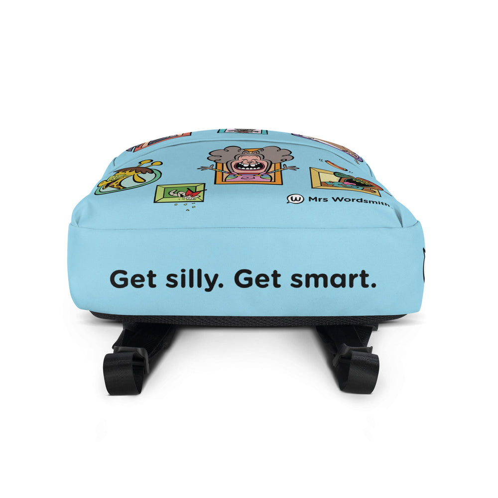 All-over print backpack with silly cartoon design and white bottom.