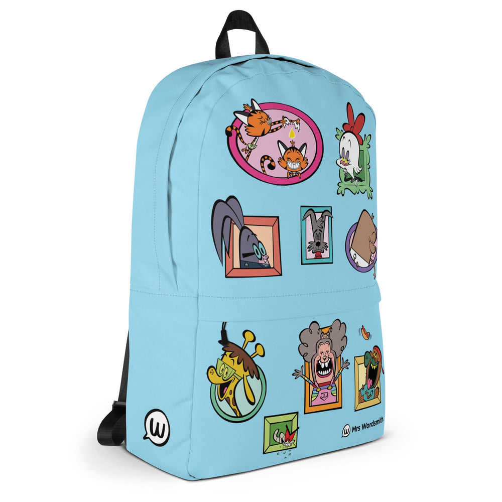 All-over-print backpack featuring cartoon characters, right view