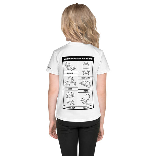 Kids white crew neck t-shirt back with gym illustrations.