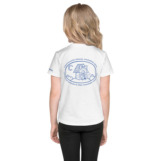 Kids' white crew neck t-shirt back with all-over print design