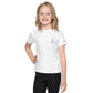 White kids' crew neck t-shirt with all-over print, front view.