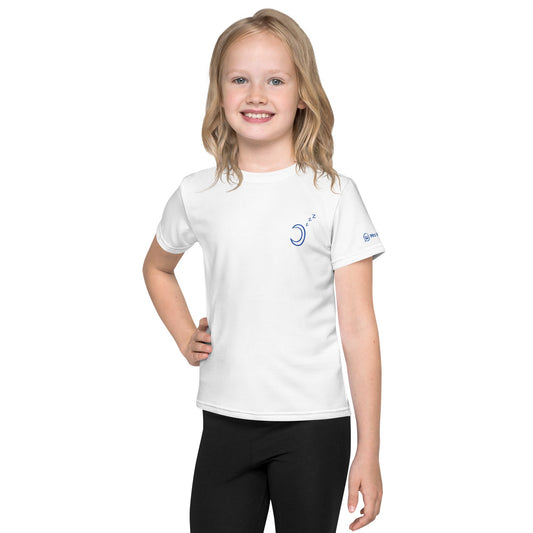 White kids' crew neck t-shirt with all-over print, front view.
