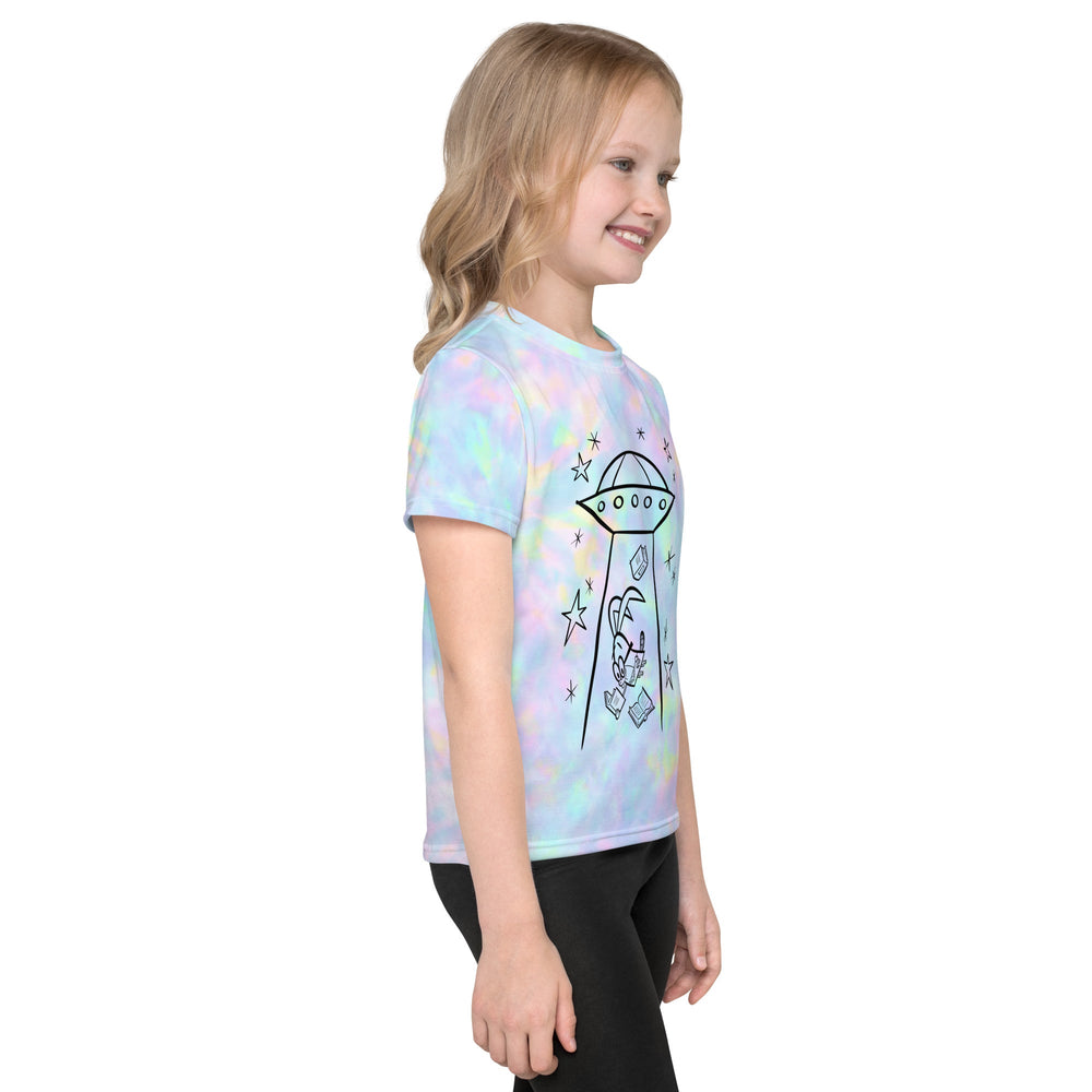 Kid's white all-over-print crew neck t-shirt with alien design