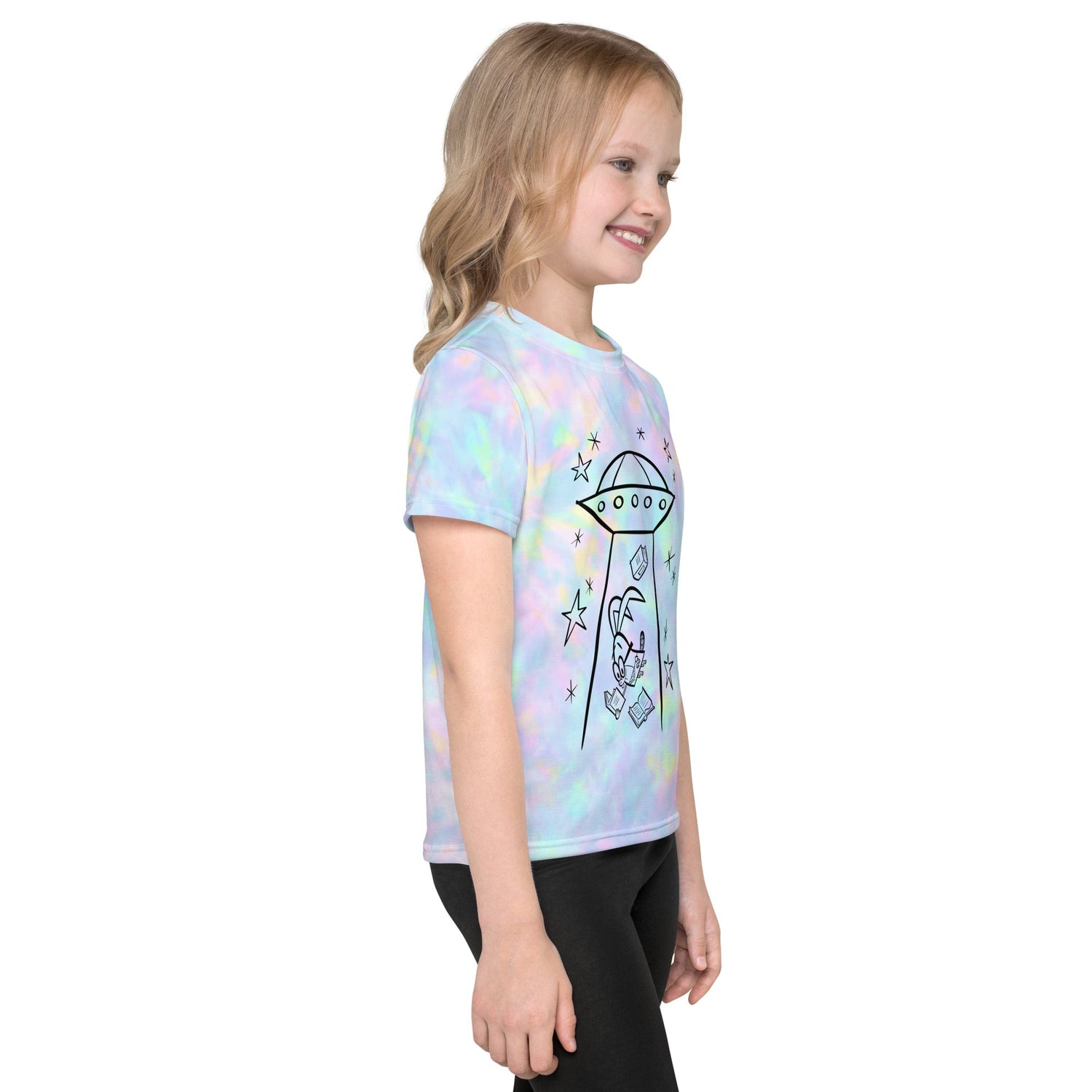 Kid's white all-over-print crew neck t-shirt with alien design