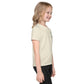 White kids' crew neck t-shirt with all-over print, right side view.
