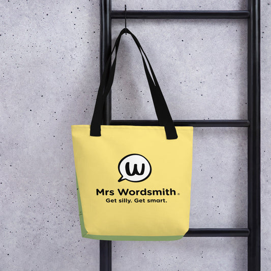 Black tote bag with Mrs. Wordsmith logo, 15x15, back view.