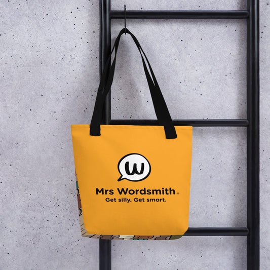 Black 15x15 Mrs Wordsmith tote bag back