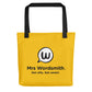 Mrs Wordsmith tote bag, black handle, yellow, back view.