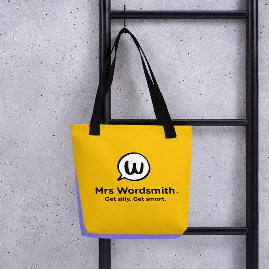 Black 15x15 tote bag back, Mrs. Wordsmith design