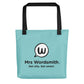 Black all-over-print Mrs. Wordsmith tote bag, 15x15, back view.
