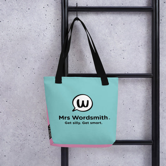 Black 15x15 Mrs. Wordsmith tote bag back