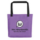 Black 15x15 all-over print tote bag, back view, Mrs Wordsmith logo.