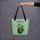 Black 15x15 tote bag front with wholesome design.