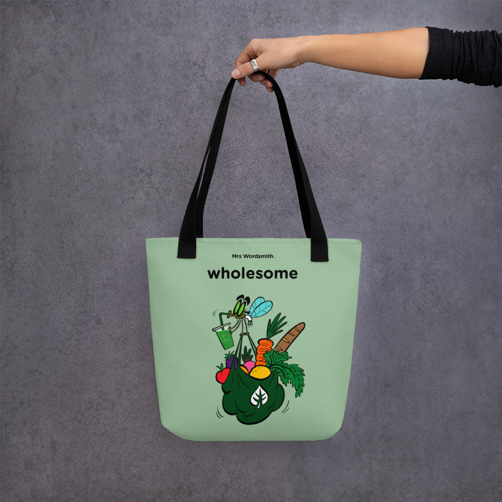 Black 15x15 tote bag front with wholesome design.