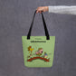 Black tote bag with adventurous print, 15x15, front view