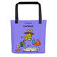 Black 15x15 curious all-over-print tote bag with giraffe illustration.