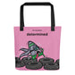 Black 15x15 tote bag with determined cartoon print.