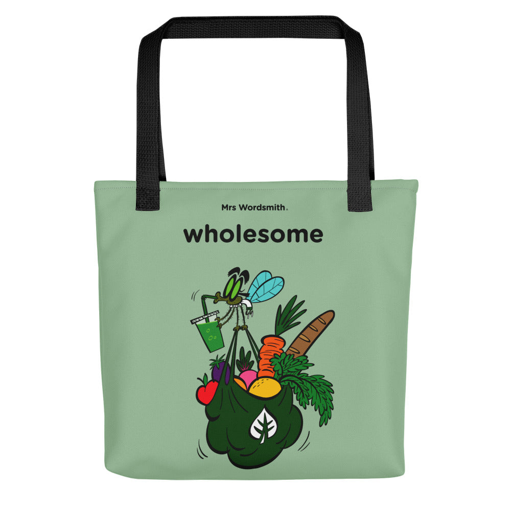 Black tote bag with wholesome design and produce