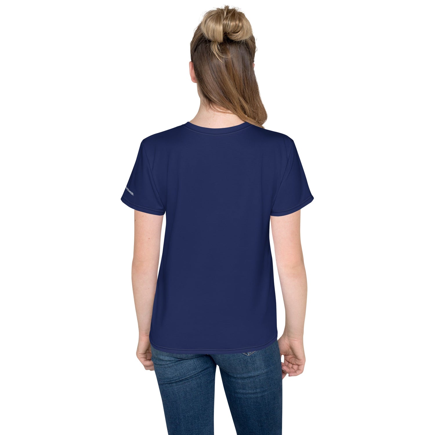 Youth crew neck t-shirt - back view, white all-over print