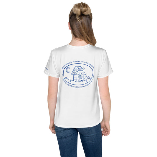 White youth crew neck t-shirt with back graphic