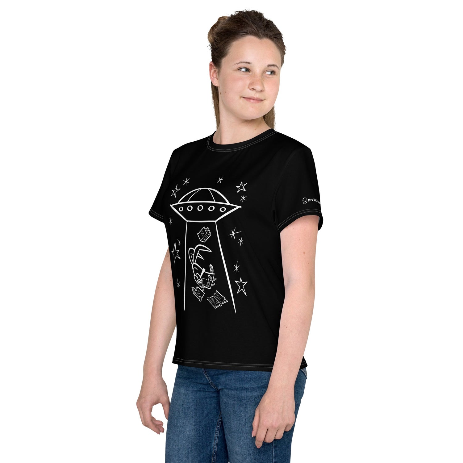 Youth white UFO t-shirt, left view