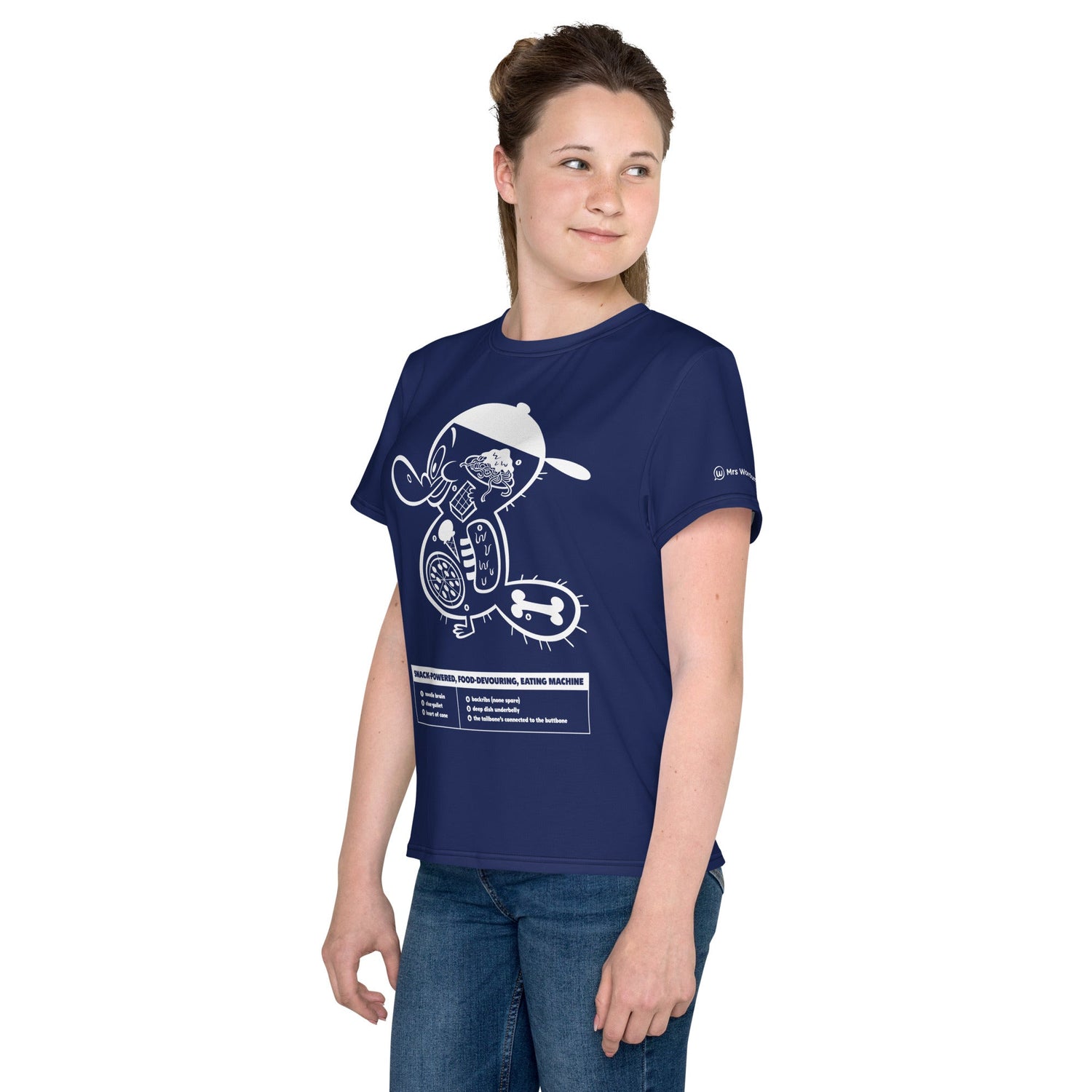 White youth crew neck t-shirt with graphic on left side