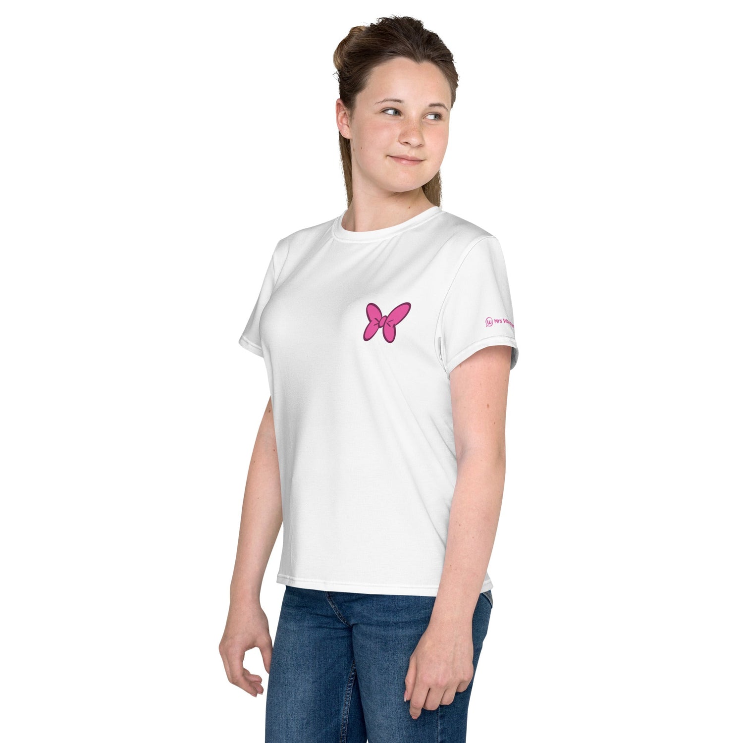 Girl in white youth crew neck t-shirt with pink butterfly print