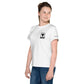 Youth white crew neck t-shirt with graphic, left side