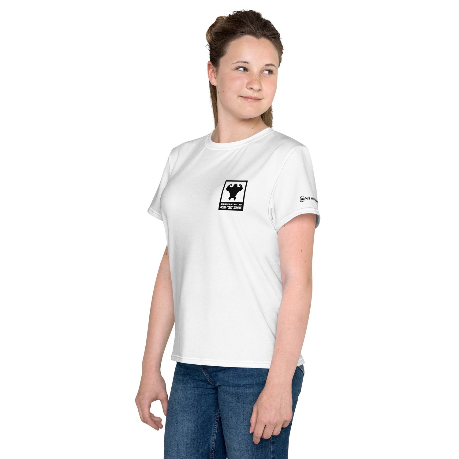 Youth white crew neck t-shirt with graphic, left side