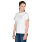 White youth crew neck t-shirt with logo, left side.