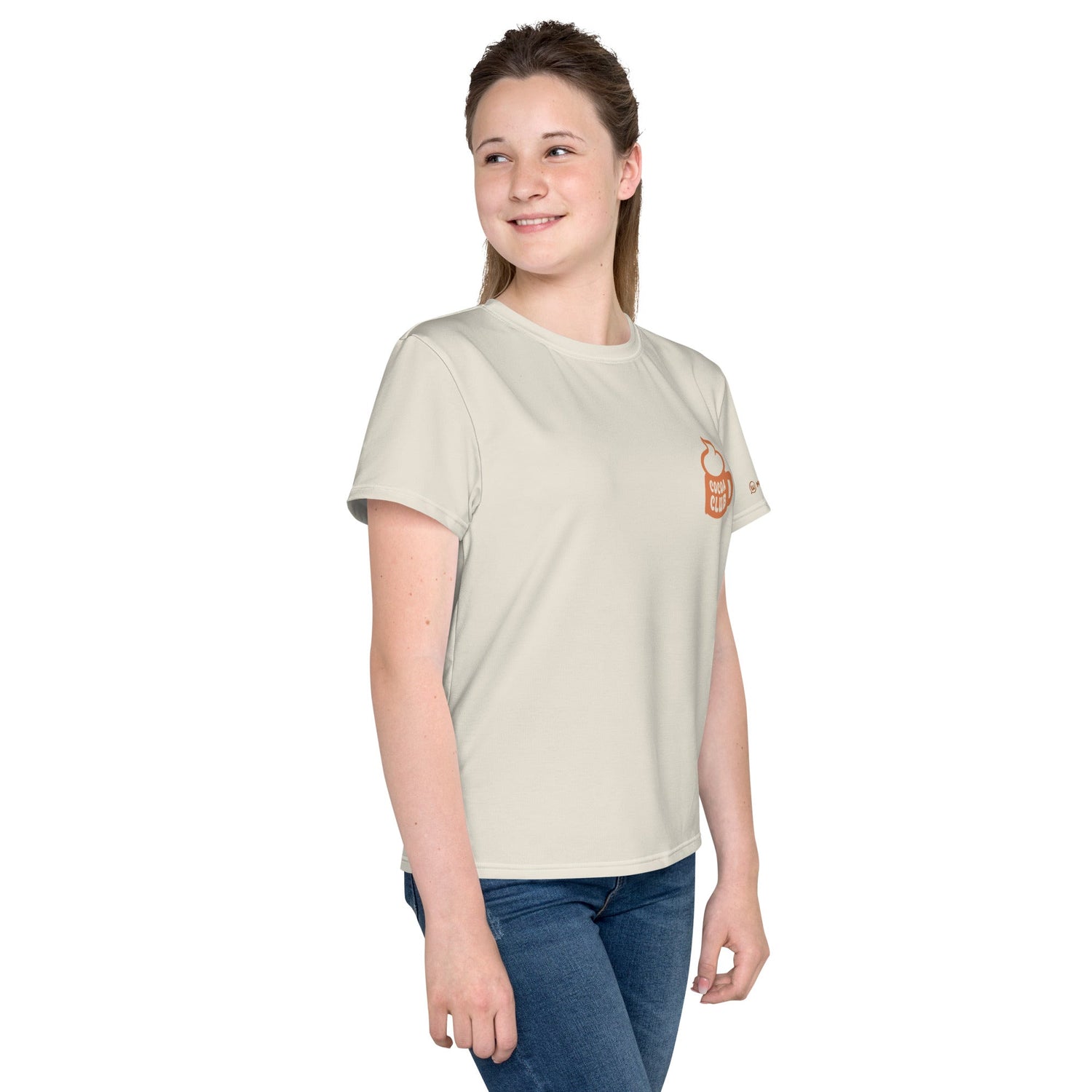 Youth white crew neck t-shirt with print, worn by a girl