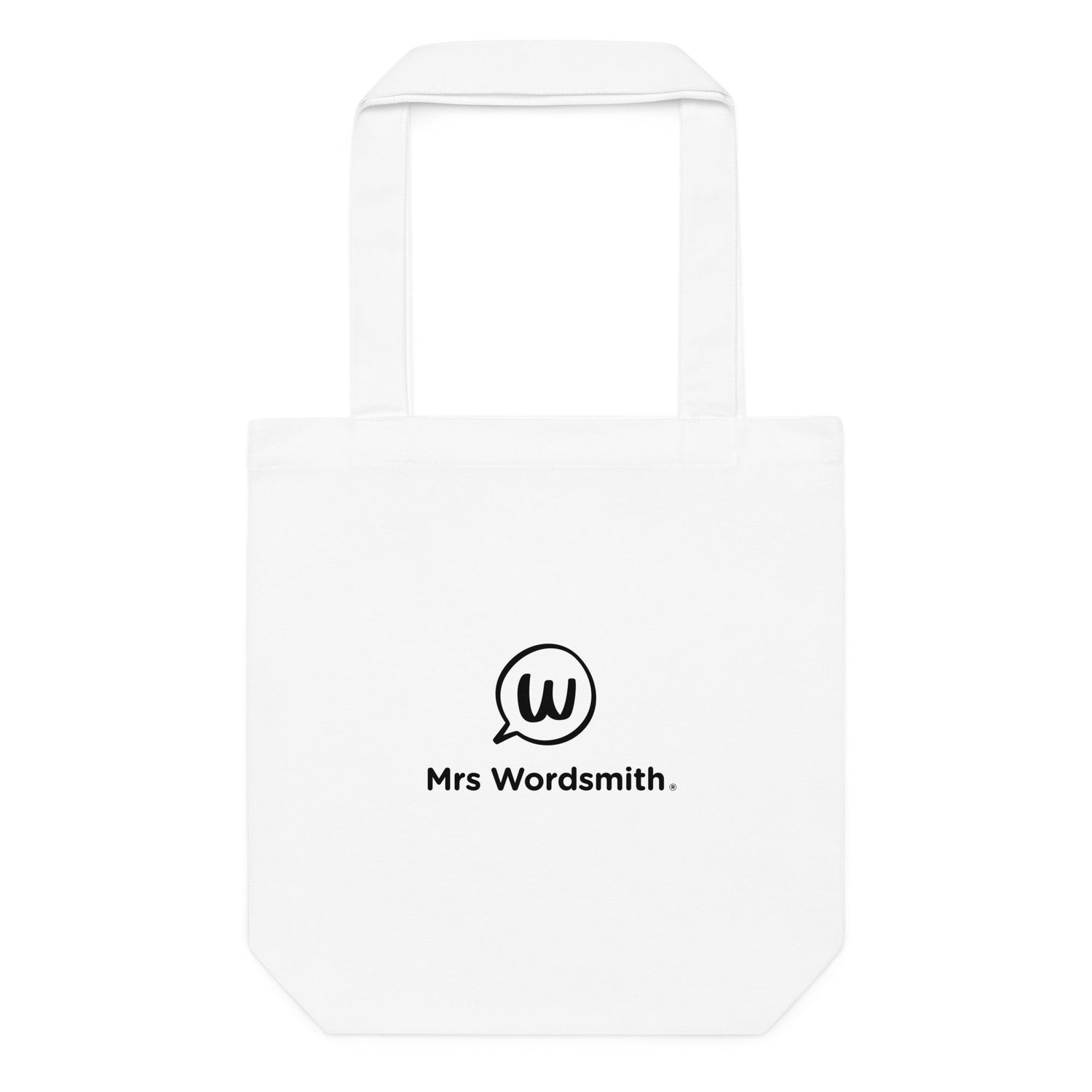 White cotton tote bag with Mrs. Wordsmith logo