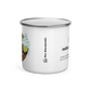White enamel mug, 12 oz, front view with text and design.
